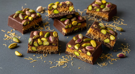 A visually stunning flat lay of Dubai chocolate bar pieces, generously topped with vibrant pistachios and crispy knafeh, presented on a minimalist grey surface.