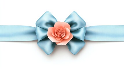 a baby blue ribbon bow with a coral rose in the center, photorealistic design, clean and elegant, isolated on white background