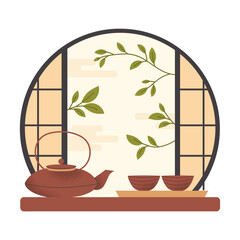 Traditional Asian table with teapots and cups for drinks. Tea ceremony, Japanese window view. Vector illustration on white background
