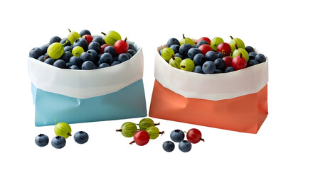 Colorful fresh blueberries, red currants, and green gooseberries in two paper gift bags, isolated on white background, perfect for healthy snack or food presentation