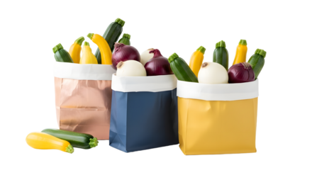 Colorful paper bags filled with fresh vegetables including zucchini, eggplant, and yellow squash isolated on white background, perfect for grocery shopping or market displays
