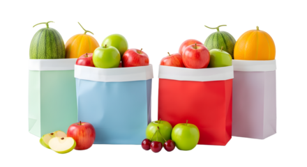 Colorful insulated lunch bags filled with fresh fruits and vegetables, perfect for healthy meal prep and outdoor picnics