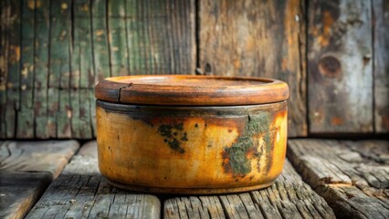 Fototapeta premium Aged ceramic container with a weathered appearance, resting on an antique wooden surface with a rustic, distressed texture