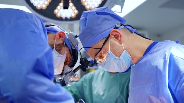 Focused faces of two male surgeons looking at operation through the surgical loupes. Female nurse stands at backdrop.