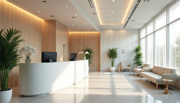 Modern bright hall interior with plants. White reception desk with computer. Light waiting area with cozy sofas and chairs. Calm interior of a clinic or wellness center. Nobody present in shot.