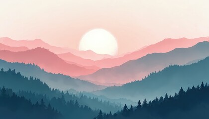 Layered mountain ranges with silhouetted pine trees against a soft pink and blue gradient sky. A large sun rises over the misty, distant peaks, creating a serene natural landscape.
