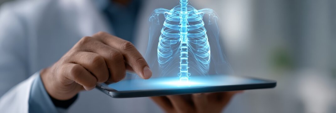 Medical professional interacts with glowing blue skeletal hologram projected from tablet, using augmented reality for advanced anatomical study, diagnosis and visualization research - Powered by Adobe