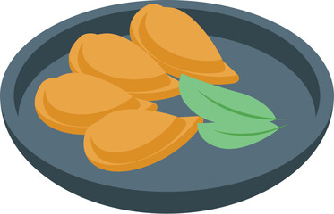 Four golden empanadas garnished with fresh herbs, resting on a dark gray round tray, symbolizing argentinian gastronomy