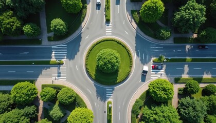 Aerial drone shot captures modern urban roundabout design. Green trees, grass adorn traffic circle. Cars drive smoothly on asphalt roads. Pedestrian crosswalks visible. City infrastructure manages