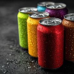 Colorful soda cans with water droplets on a dark surface