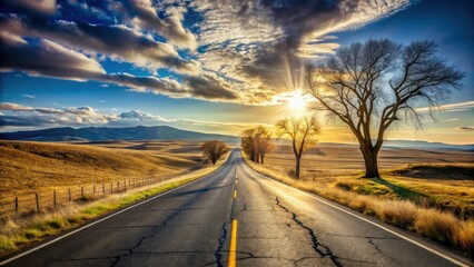 Naklejka premium Asphalt ribbon unwinding towards a breathtaking sunset, flanked by sturdy trees, leading to distant hills under a dramatic sky