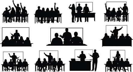 Silhouette of people in a classroom setting, students are listening to the teacher and raising their hands
