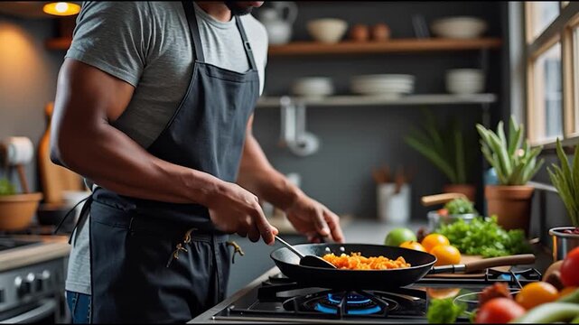 A person cooking in a modern kitchen, stirring vegetables in a frying pan, surrounded by fresh ingredients and plants.