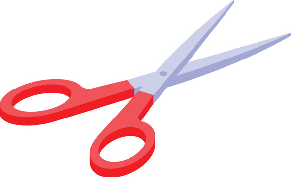 Red handled scissors on white background, isometric view, representing cutting, tailoring, or crafting
