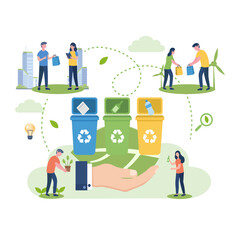 People actively participating in recycling and environmental protection, placing waste into color-coded bins, symbolizing sustainability, green living, and caring for the planet