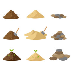 Set of soil, sand, and stone piles with small sprouts, illustrating gardening materials, landscaping elements, and planting stages for nature projects