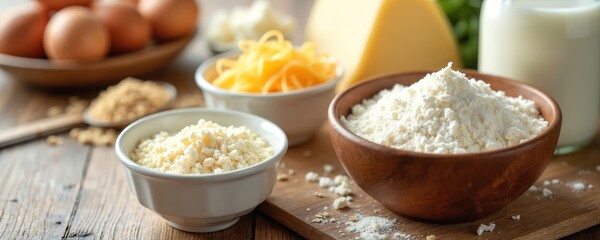 Fototapeta premium Fresh eggs, milk, various cheeses on rustic wooden table. Bowls hold flour, cottage cheese, shredded cheese, grains. Ingredients ready for baking cooking, essential for healthy diet in kitchen.