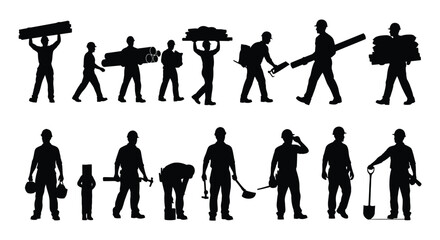 Silhouette of construction workers carrying materials