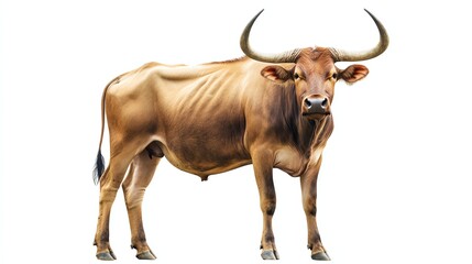 a banteng standing with protest sign clipart, wildlife protection campaign, photorealistic body and horns, isolated on white background