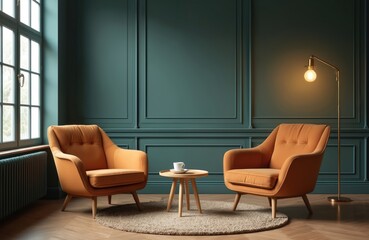 Cozy interior with two orange armchairs, small wood table with cup, and floor lamp. Modern studio room design, window light on parquet floor. Empty space for podcast or interview.