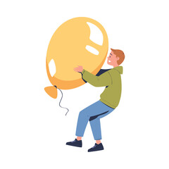 Man Character Holding Big Yellow Balloon Badge Vector Illustration