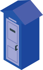 Isometric view of a blue portable toilet with a closed door, emphasizing its role in providing sanitation in outdoor environments