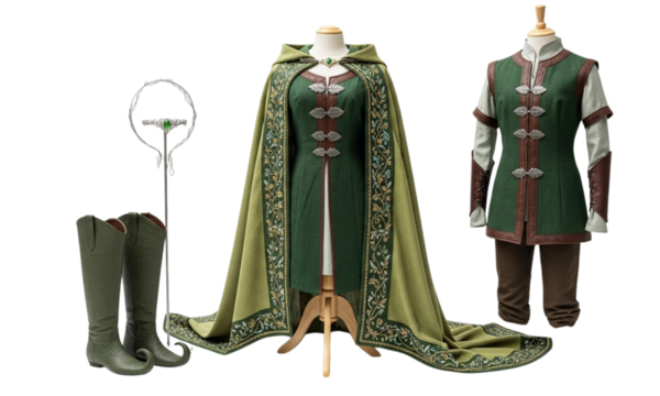 Fantasy outfit with green cloak dress boots and silver tiara on transparent background