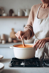 Woman in apron stirs vibrant soup in a pot, culinary warmth. Perfect for food blogs, recipe sites, healthy eating,  lifestyle concepts.