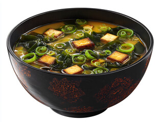 Savory miso soup with tofu and seaweed in a traditional dark bowl, a comforting and healthy meal