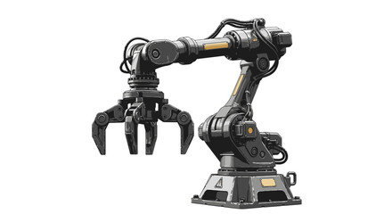 Industrial robotic arm with a claw gripper, featuring dark grey and yellow accents, on a white background.