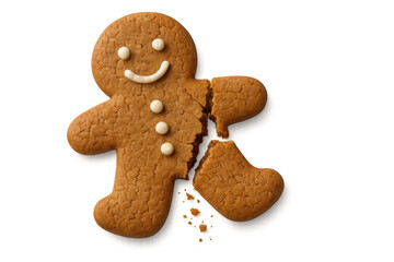 Broken gingerbread man cookie with missing leg, representing sadness, pain, and loss during holidays, transparent background