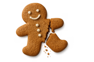 Broken gingerbread man cookie with missing leg, representing sadness, pain, and loss during holidays, transparent background