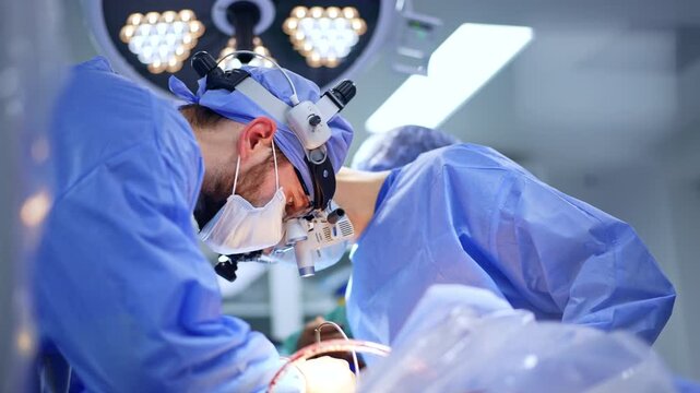 Cooperating neurosurgeons wearing surgical loupes work at operation. Doctors carefully use medical tool devices at neurosurgery.