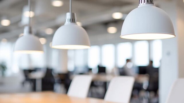Modern office pendant light and ceiling fixtures illuminate wooden table in bright workspace for meetings, creating professional interior atmosphere ideal for productive collaboration and teamwork