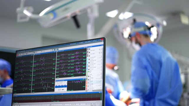Brain waves of the patient depicted on the computer monitor. Neurosurgeons cooperate at operation at backdrop in blur.