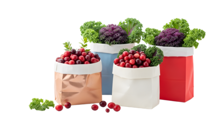 Fresh kale and red currants in colorful paper bags isolated on white background, perfect for healthy food and grocery concepts