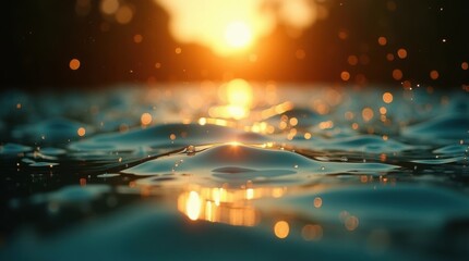 Golden sunset reflected on rippling water surface with splashes