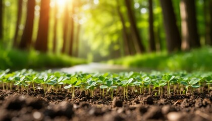 Young green sprouts developing in rich dark soil, reflecting renewal, freshness, and the beginning of a vibrant spring season within a lush forest environment