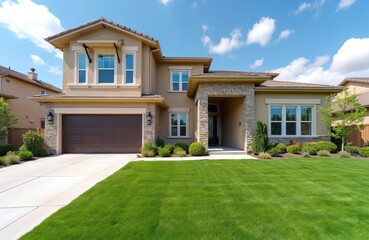 Luxurious two-story family home with stone accents, rich green lawn. Features wide driveway, inviting front entrance, well-maintained landscaping. Beautiful suburban residence offers ample space,