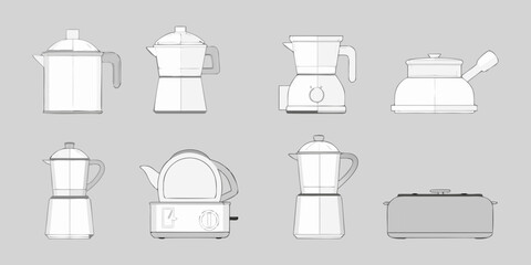 Collection of stylized line art drawings of various kitchen appliances including coffee makers and toasters on a gray background