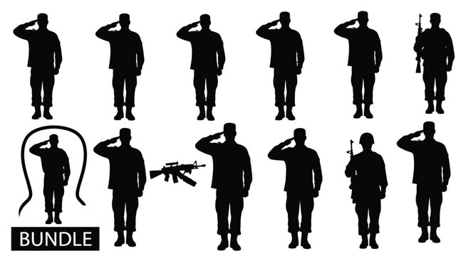 Silhouette bundle of soldiers saluting in various poses