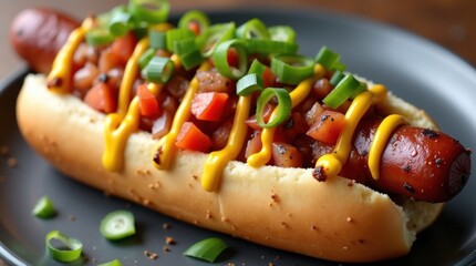 Delicious grilled hot dog with fresh tomato and green onion topping