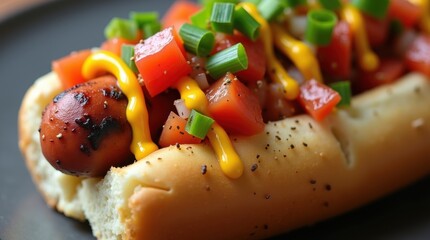 Delicious grilled hot dog with fresh tomato and green onion topping