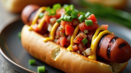 Delicious grilled hot dog with fresh tomato and green onion topping