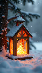 Wooden lantern with glowing light on snowy ground near tree trunk. Snowflakes fall gently pine branches. Christmas, New Year, and winter decor.