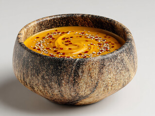 Warm and comforting bowl of savory pumpkin soup garnished with sesame seeds and chili flakes