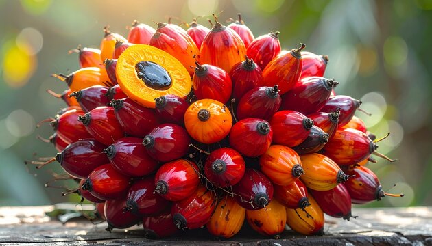 Ripe Oil Palm Fruit Bunch Close Up In Natural Sunlight