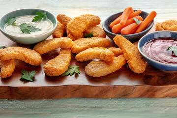 Chicken nuggets with fresh vegetables and dips, a close-op on a wooden table