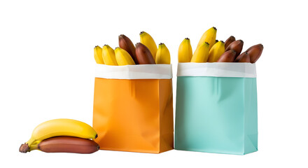 Fresh yellow and red bananas packed in colorful reusable grocery bags on white background, perfect for healthy food and sustainability themes