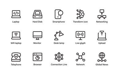 Technology and networking icon set. Professional symbols for laptop, monitor, and global news, telephone, transform linear style icon.